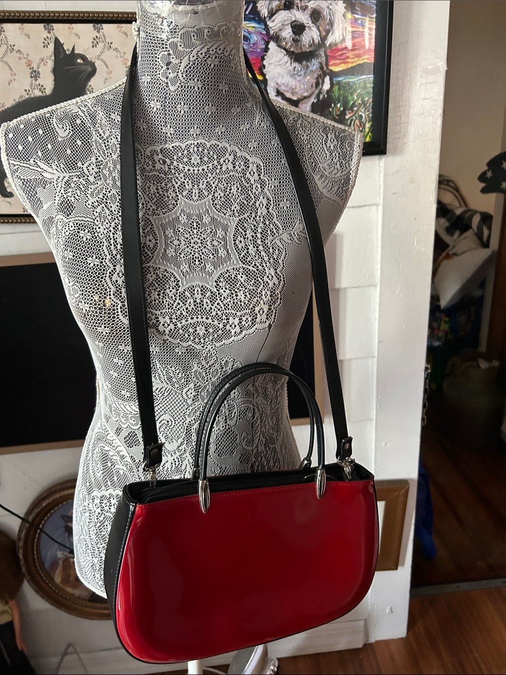 Beijo Red Patent Shoulder Bag with Black Trim